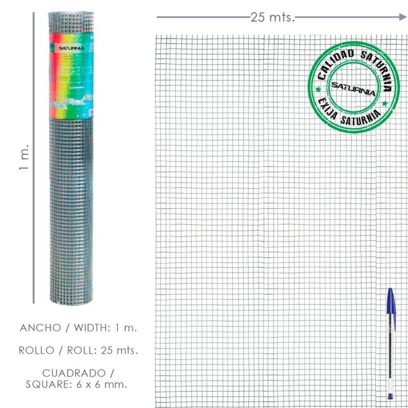 Malla Electrosoldada Galvanizada 6x6 / 100 cm. rollo 25 Metros Uso Domestico