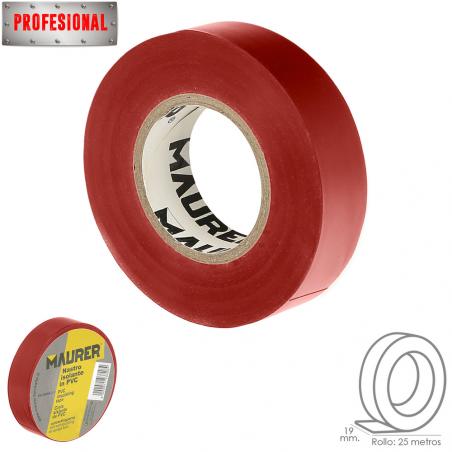 Cinta Aislante, PVC, Profesional, 25 metros x 19 mm. x 0,13 mm espesor. Color Roja.