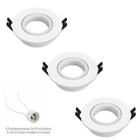 Aro Foco Empotrable Regulable Con Portalamparas Para Bombillas GU10 Ø 90 x 25 mm. Bombilla vista. Pack de 3 unidades