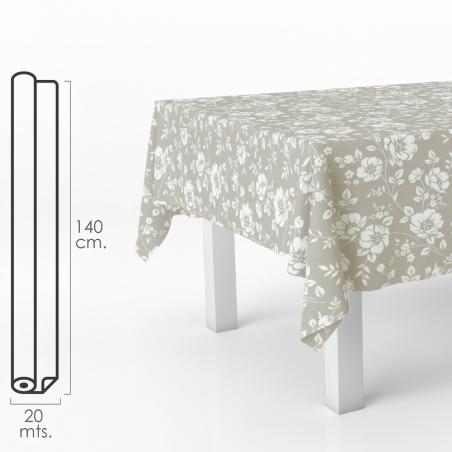 Mantel Hule Rectangular Flores Blancas. Impermeable Antimanchas PVC 140 cm. x 20 metros. Rollo Recortable. Interior y Exterior