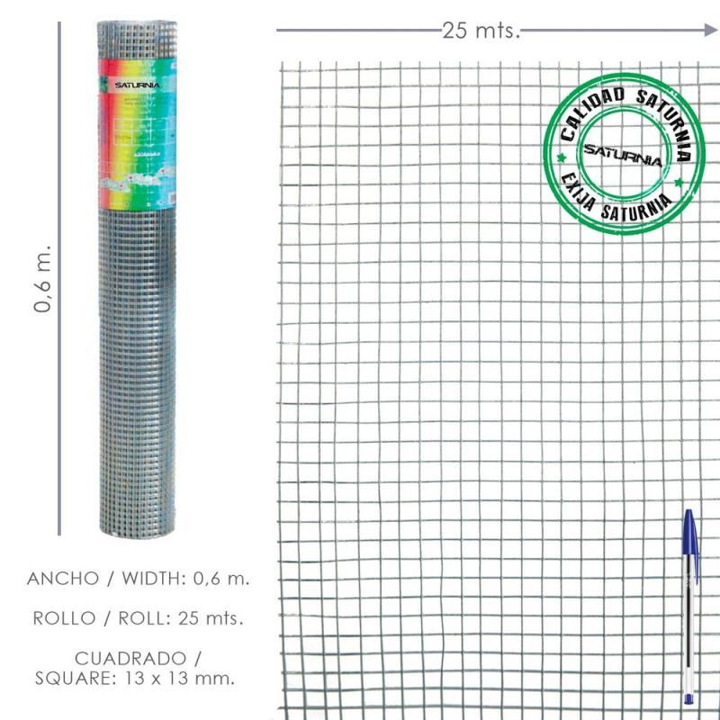 Malla Electrosoldada Galvanizada 13x13 / Altura 60 cm. Rollo 25 Metros. Uso Domestico