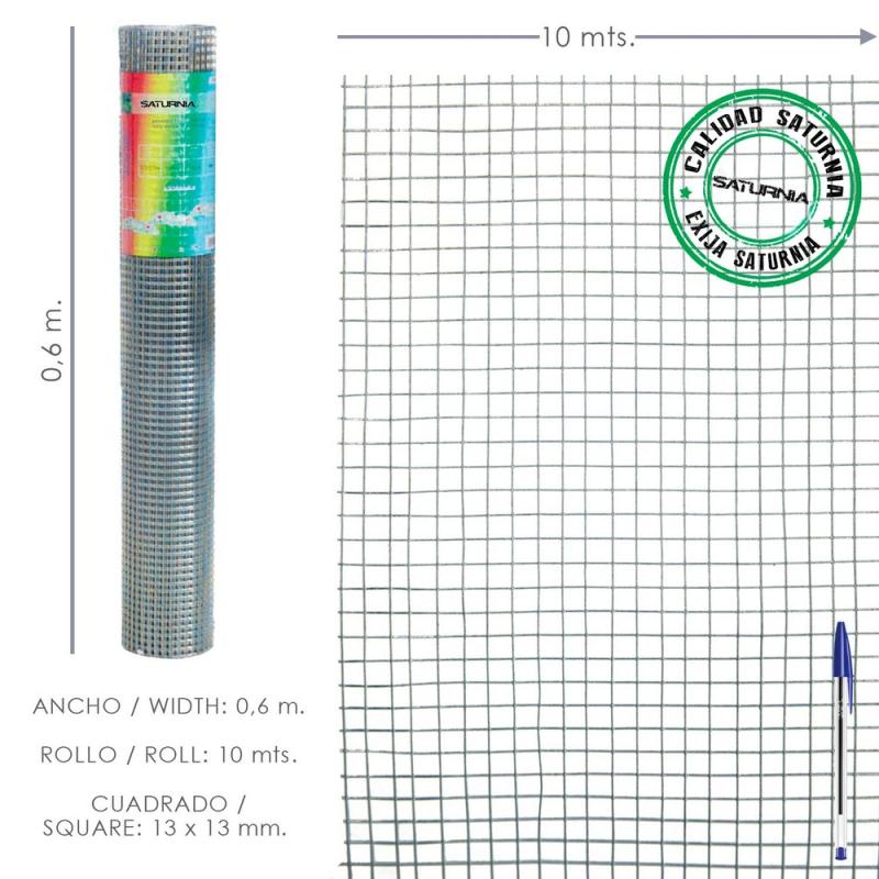 Malla Electrosoldada Ligera Galvanizada 13x13 Alto 60 cm. Rollo 10 Metros Uso Domestico