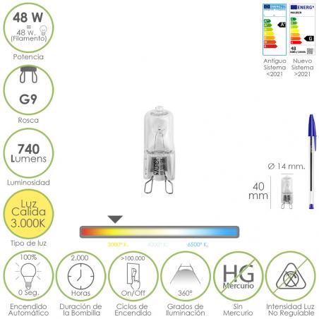 Bombilla Halogena G-9. 48 W. 740 lumenes. Luz cálida (3.000º K.)