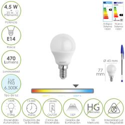 Bombilla Led Esferica Rosca E14 4.5 Watt. Equivale A 35 Watt. 470 Lumenes. Luz Fria (6500º K)