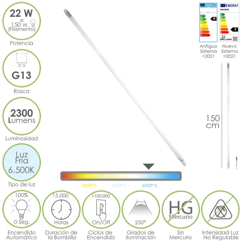 Tubo Led T8 150 cm. 22 Watt. Equivale A 150 Watt. 2300 Lumenes. Luz Fria 6500º K.