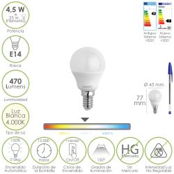 Bombilla Led Esferica Rosca E14 4.5 Watt. Equivale A 35 Watt. 470 Lumenes. Luz Neutra (4000º K)