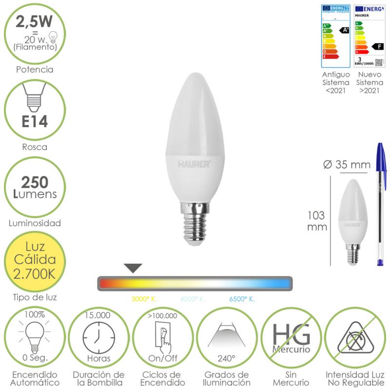 Bombilla Led Vela E14. 2,5 Watt. Equivale A 20 Watt. 250 Lumenes. Luz Calida 2700º K.