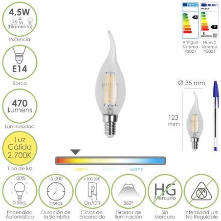 Bombilla Led Filamento Vela Llama E14. 4,5 Watt. Equivale A 35 Watt. 470 Lumenes. Luz Calida 2700º K.