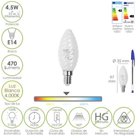 Bombilla Led Filamento Vela Esmerilada E14. 4,5 Watt. Equivale A 35 Watt. 470 Lumenes. Luz Neutra 4000º K.