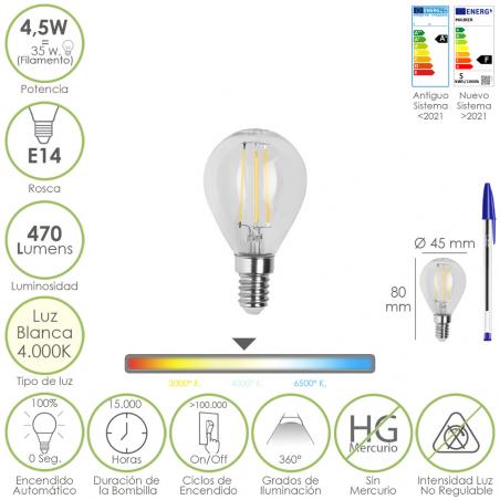 Bombilla Led Filamento Esfera Rosca E14. 4,5 Watt. Equivale A 35 Watt. 470 Lumenes. Luz Neutra 4000º K.