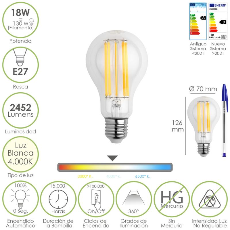 Bombilla Led Filamento Standar Rosca E27. 18 Watt. Equivale A 130 Watt. 2462 Lumenes. Luz Neutra 4000º K.