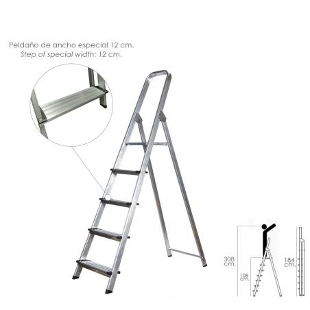 Escalera Doméstica Aluminio Profesional 5 Peldaños 12 cm Grosor.